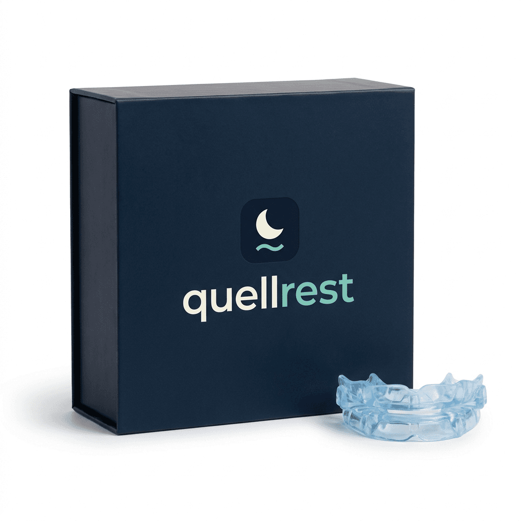 Deep-navy Quellrest gift box with the crescent-moon logo beside the clear Quellrest Pro adjustable anti-snoring mouthpiece